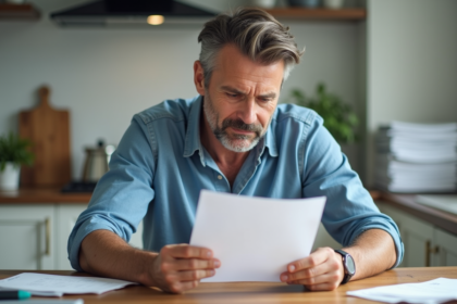 Homme d'âge moyen examinant un document de garantie dans une cuisine moderne