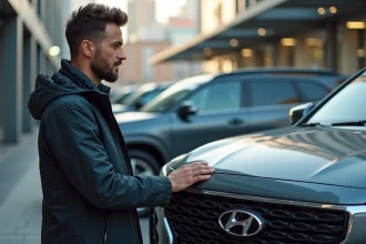 Homme touchant le logo satin Hyundai sur SUV en ville