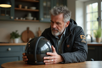 Homme d'âge moyen examine un casque de moto usé à la maison