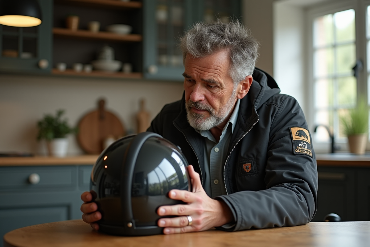 Homme d'âge moyen examine un casque de moto usé à la maison