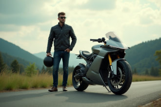 Homme en veste moto avec casque à la main près d'une moto futuriste 2025