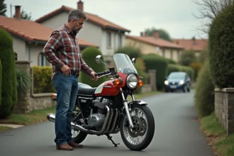 Homme d'âge moyen examinant une Kawasaki KZ400J dans une rue résidentielle