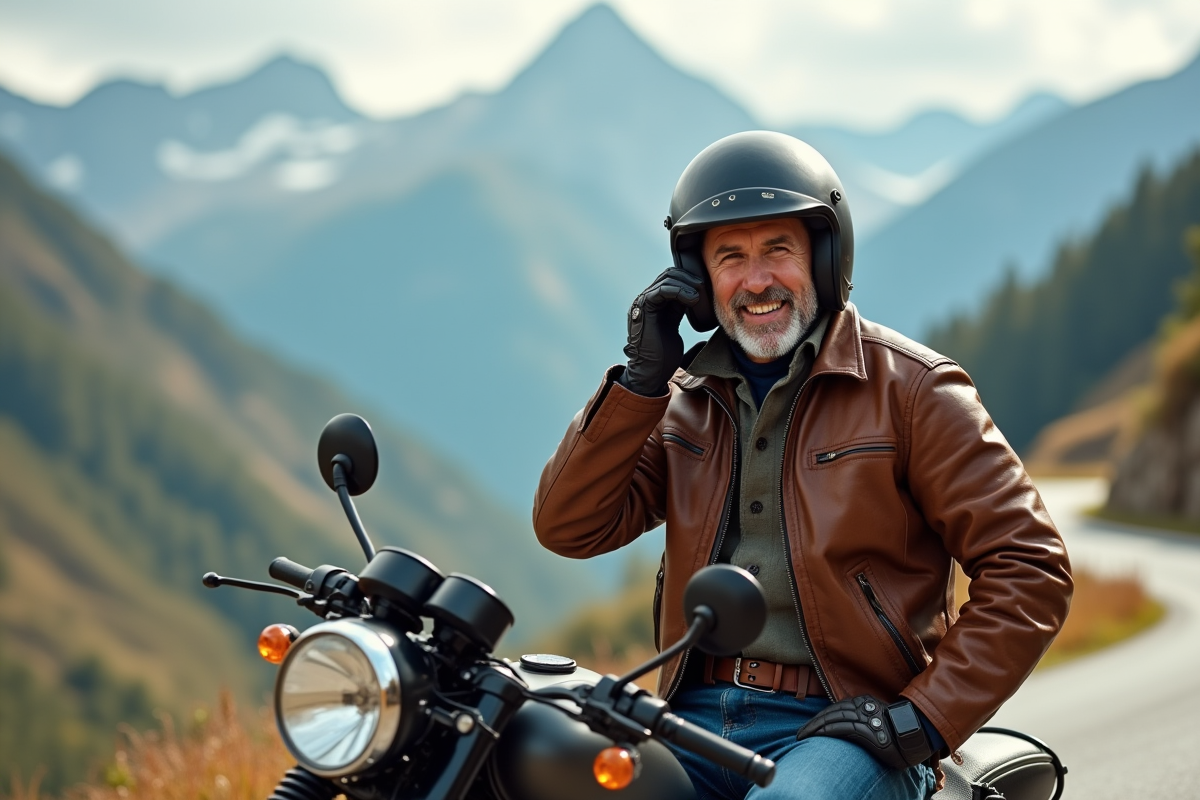 Homme en moto vintage sur route de montagne