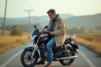 Homme d'âge moyen assis sur une moto Honda 125 en campagne