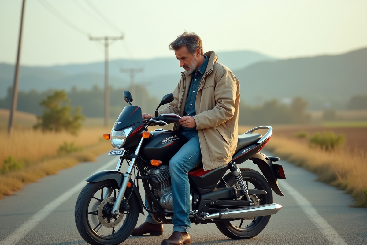 Homme d'âge moyen assis sur une moto Honda 125 en campagne