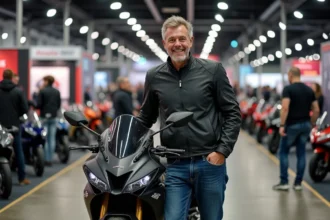 Homme souriant en blouson moto dans le salon de Lyon