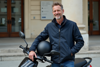 Homme confiant avec casque scooter devant bâtiment français