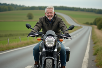 Homme d'âge moyen souriant sur une moto de tourisme en campagne