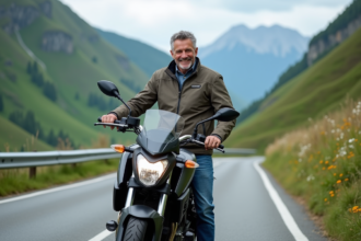 Homme confiant en gear de moto sur route de montagne