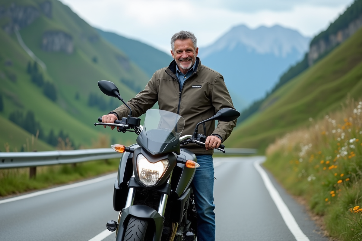 Homme confiant en gear de moto sur route de montagne