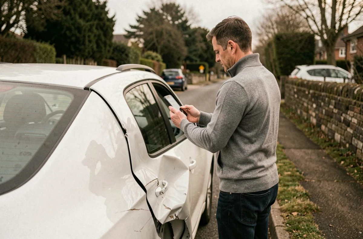 Homme photographiant les dégâts de sa voiture après un accident non responsable au bord de la route