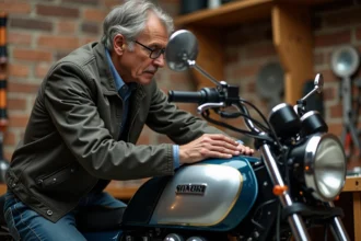 Homme d'âge moyen polissant la moto classique CB 900 dans un garage