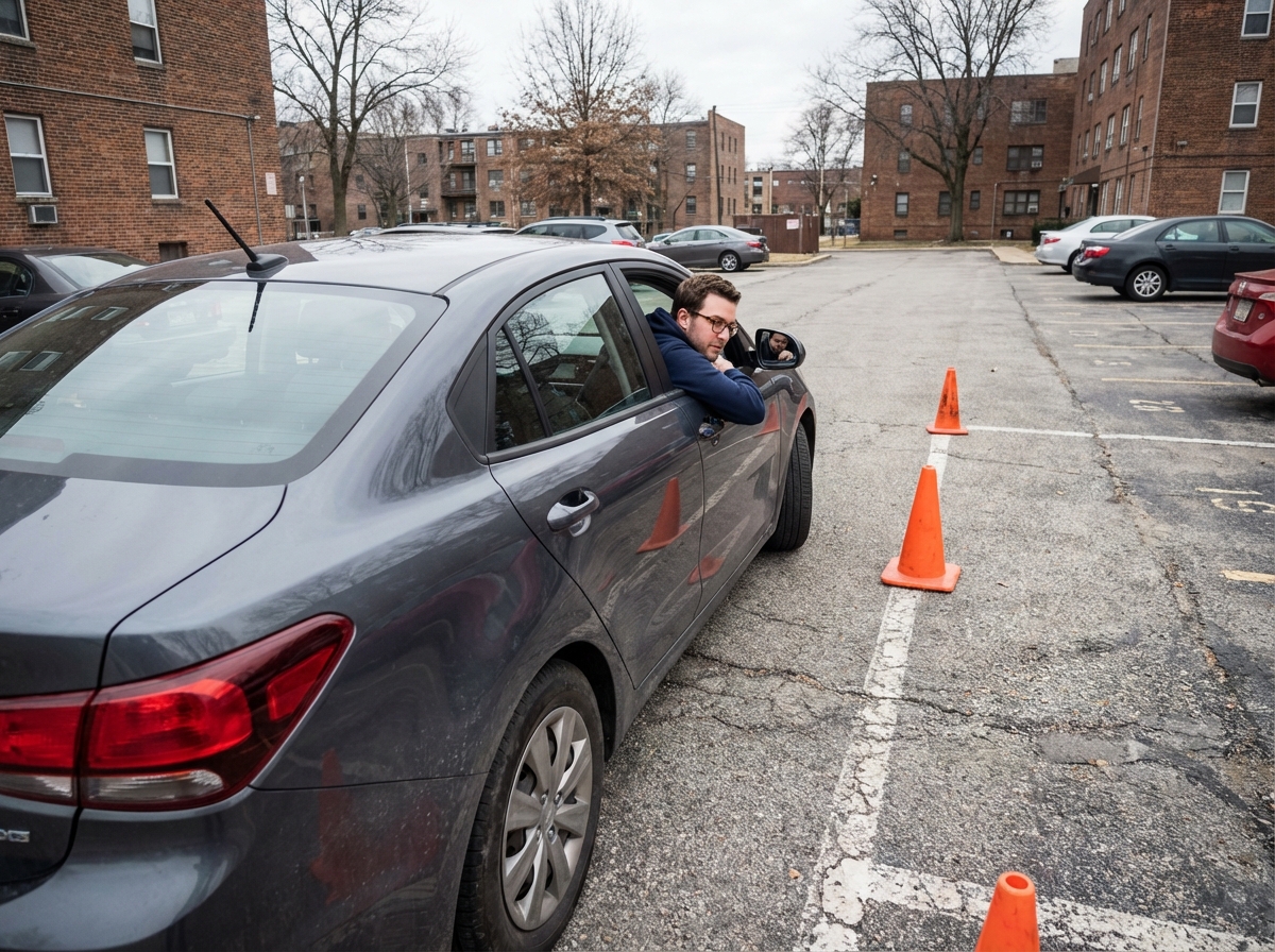 Jeune homme concentré en train de se garer