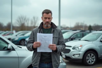 Homme examinant un rapport CarVertical avec une expression dubitative dans un parking de voitures d'occasion