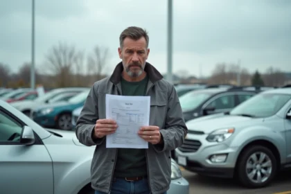 Homme examinant un rapport CarVertical avec une expression dubitative dans un parking de voitures d'occasion