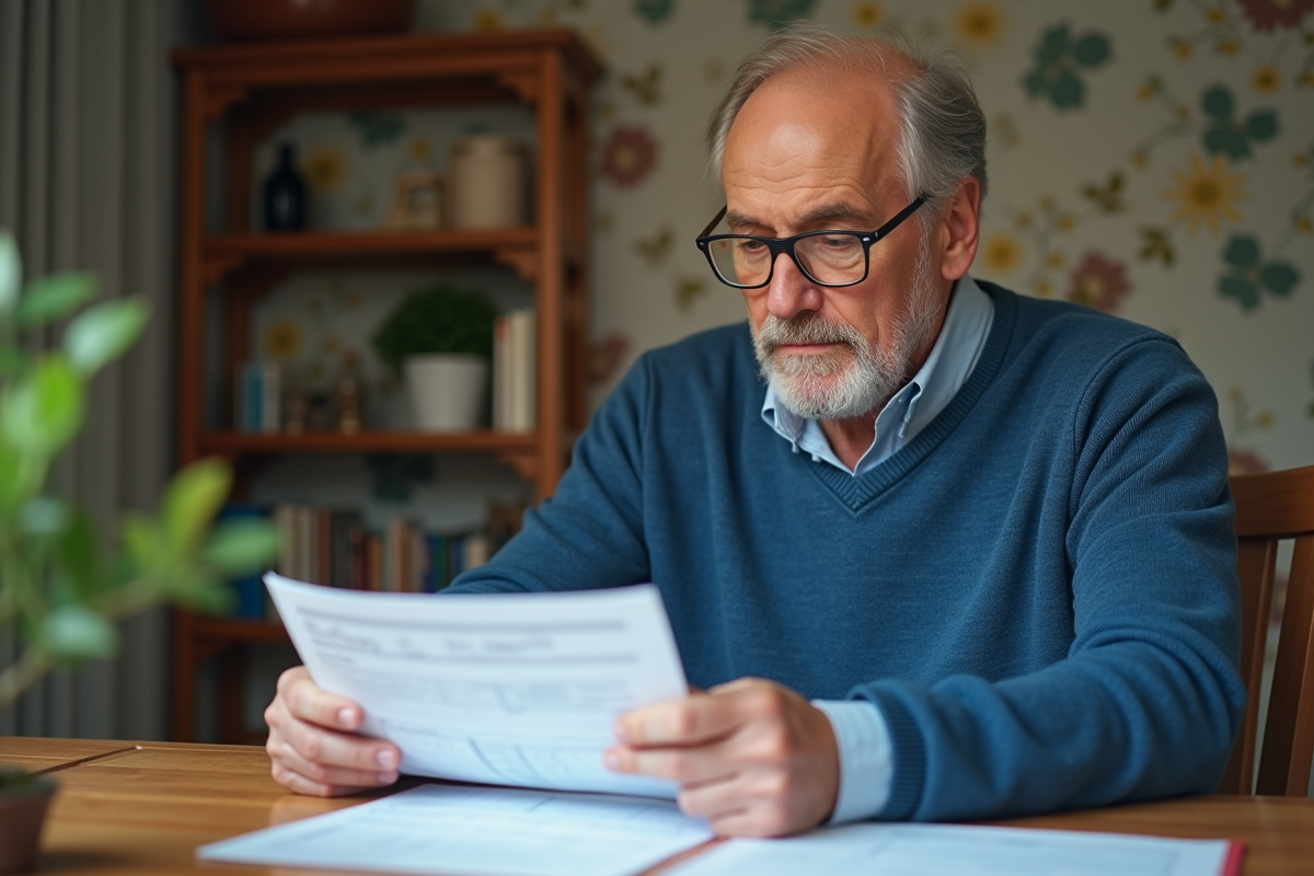 Homme âgé remplissant des formulaires de permis chez lui
