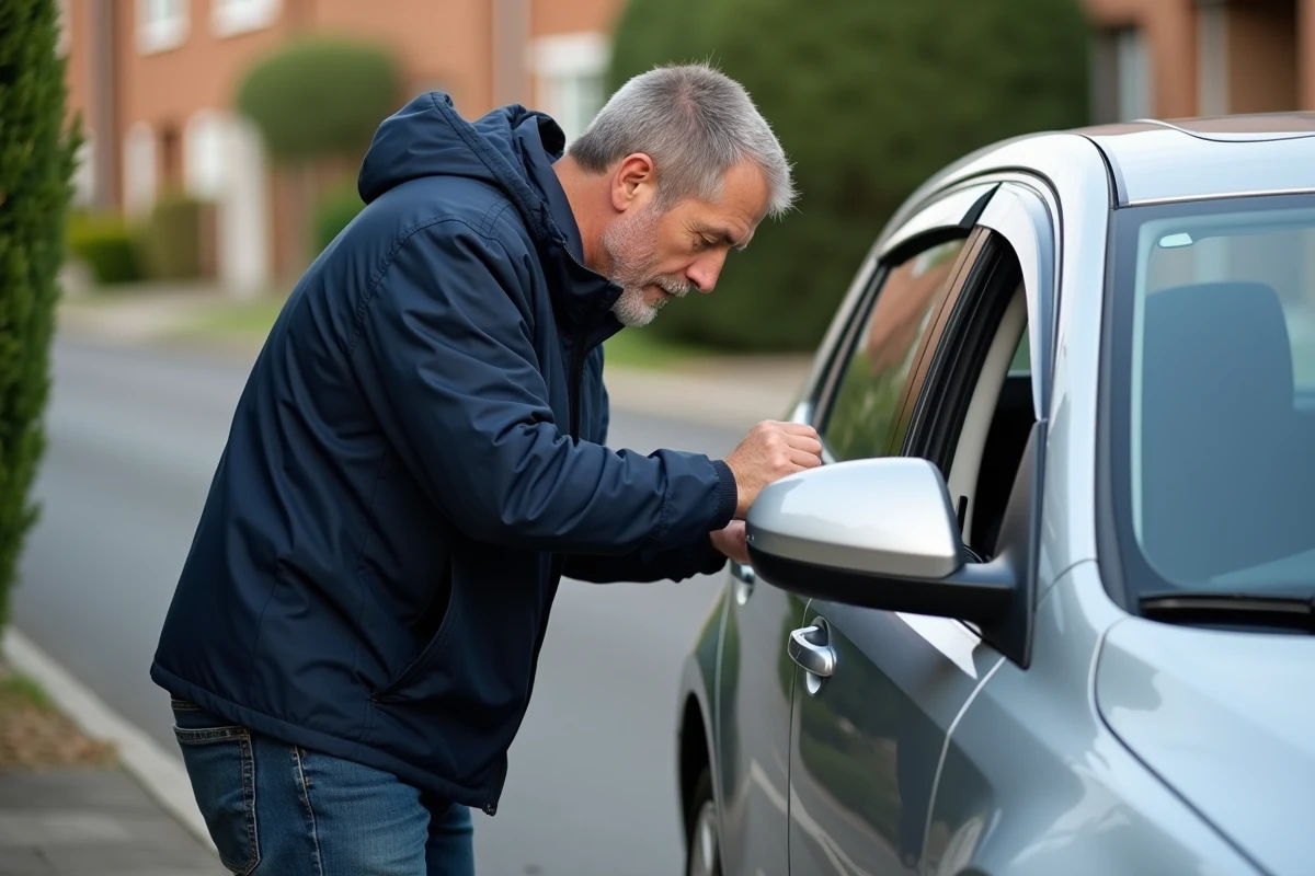 Homme en windbreaker inspectant une voiture en ville