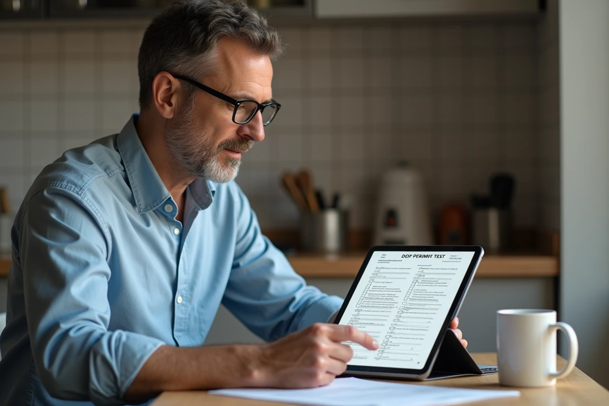 Homme révise un permis sur tablette dans une cuisine chaleureuse