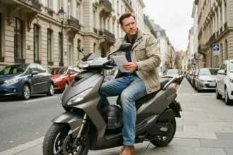 Homme assis sur un scooter tenant des documents d'assurance après suspension de permis