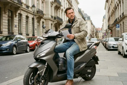 Homme assis sur un scooter tenant des documents d'assurance après suspension de permis