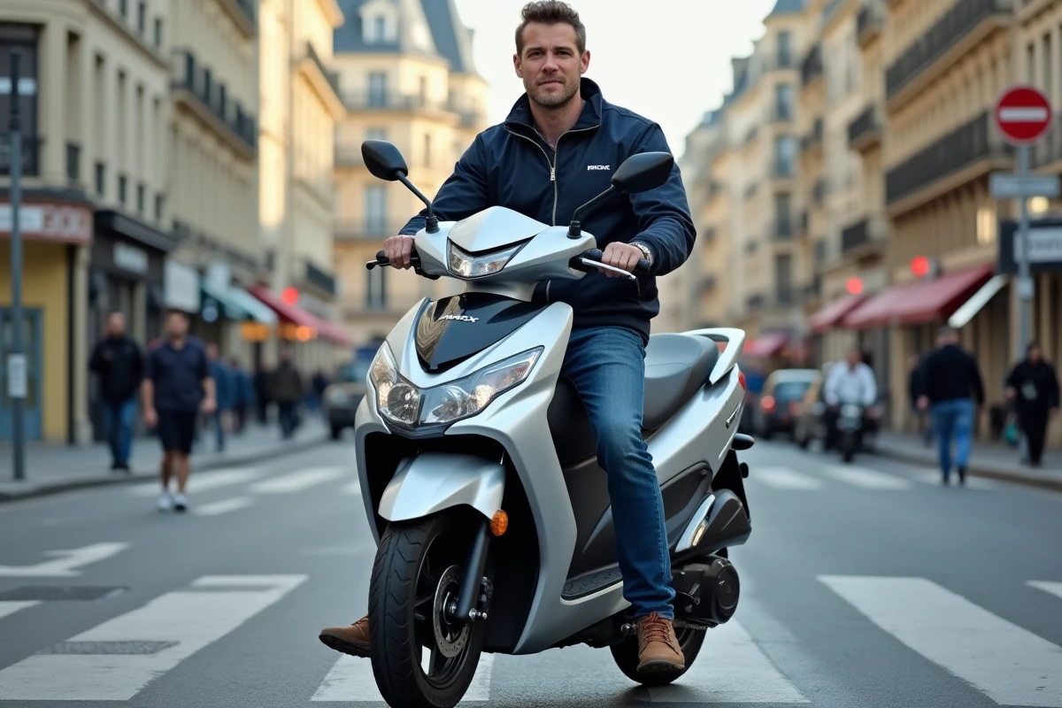 Homme en jean et veste navy sur scooter XMAX 125 à Paris