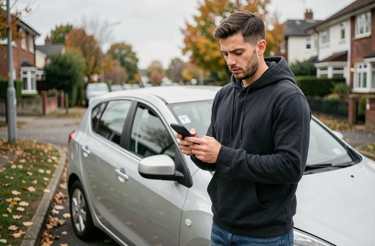 Jeune homme comparant des offres d'assurance auto sur smartphone devant sa voiture dans une rue résidentielle