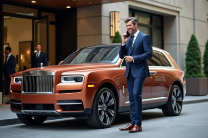 Homme confiant en costume dans une voiture de luxe