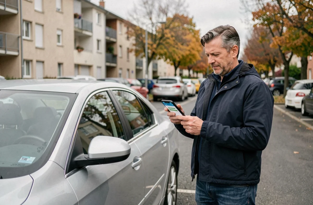 Homme consultant son téléphone pour changer d'assurance voiture en stationnement urbain