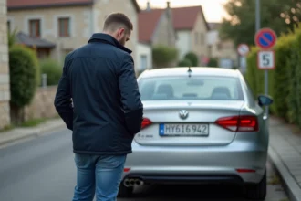 Homme ukrainien vérifiant la plaque d'une voiture silver