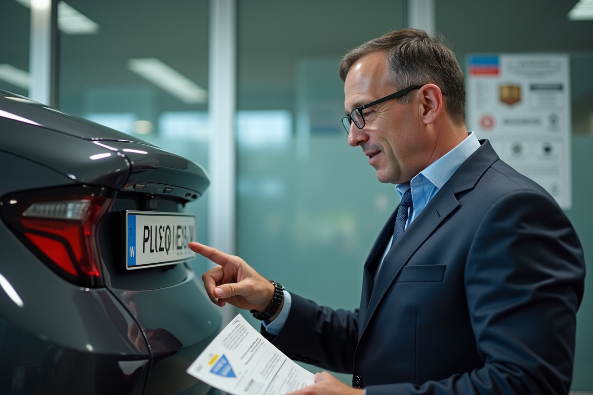 Homme d'affaires français montrant une plaque W dans un bureau moderne