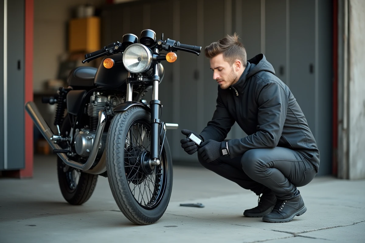 Jeune homme vérifiant la pression du pneu de sa Honda CB750