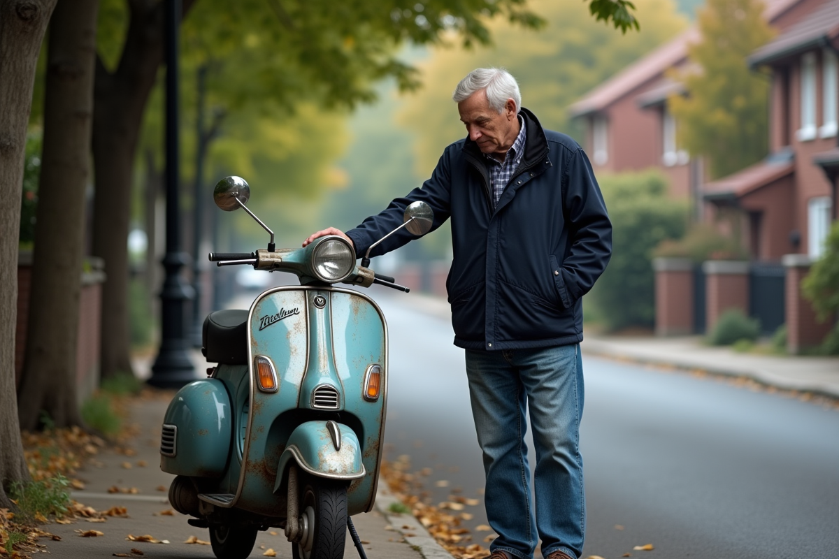 Homme âgé inspectant un scooter usé dans une rue résidentielle
