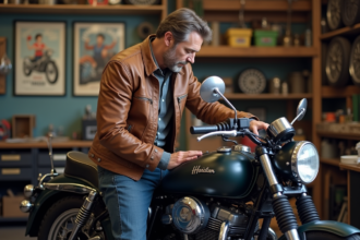 Homme en blouson vintage inspectant une moto classique dans un garage organisé