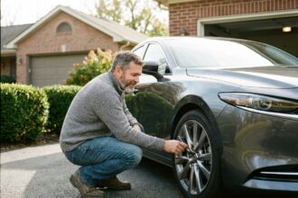 Homme regardant les jantes d'une voiture neuve en extérieur