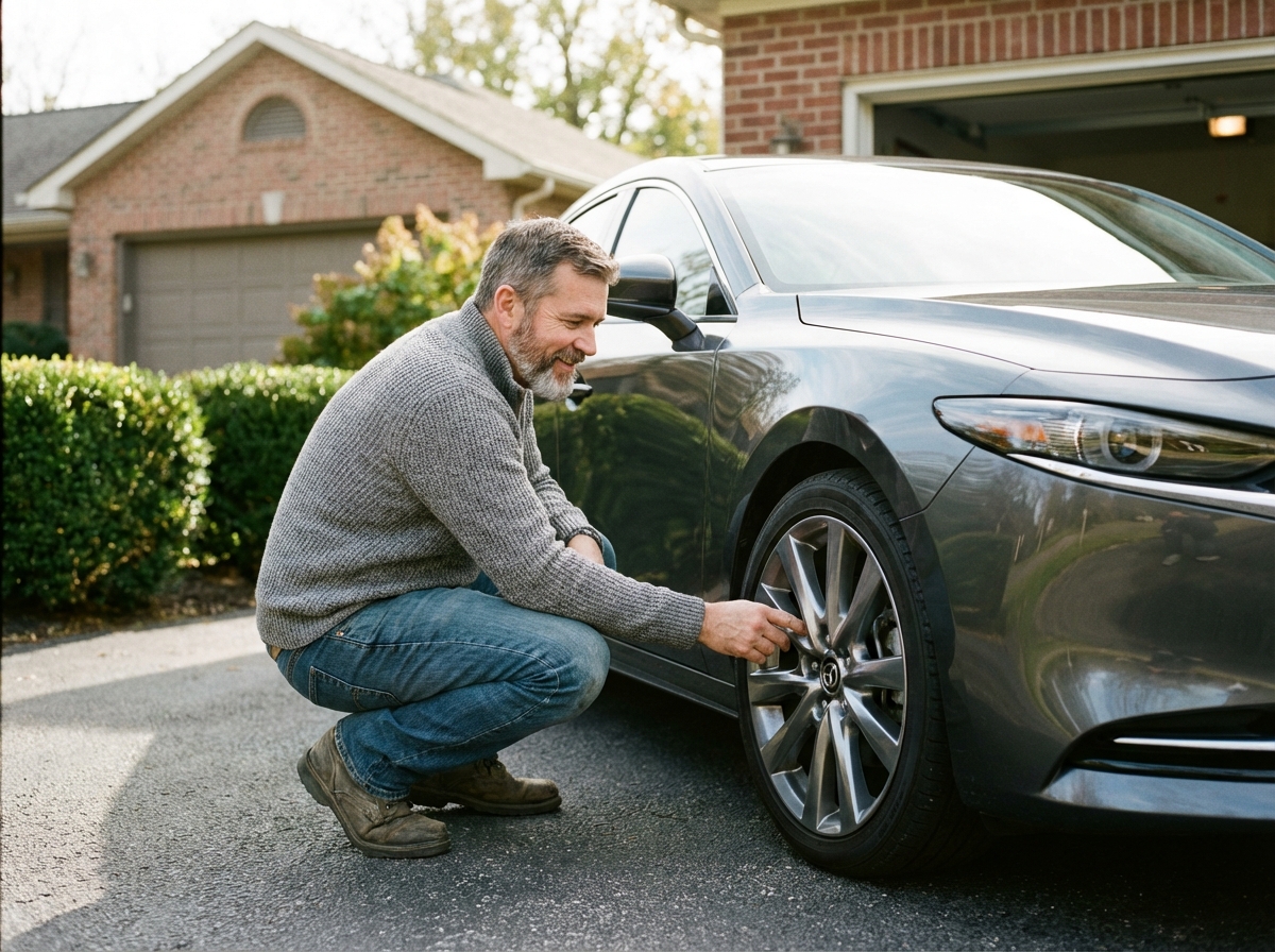 Homme regardant les jantes d'une voiture neuve en extérieur
