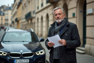 Homme d'âge moyen avec veste et écharpe devant sa voiture belge