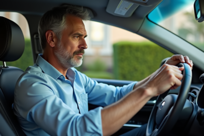 Homme dans sa quarantaine examine le compteur de voiture