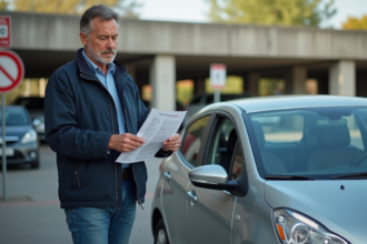 Homme regardant une contravention devant un centre de contrôle technique