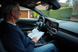 Homme d'âge moyen examine le tableau de bord d'une voiture moderne