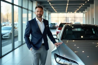 Un homme en costume à côté d'une voiture de luxe dans une concession automobile prestige