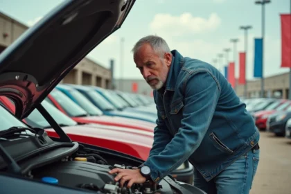 Homme examine moteur de voiture d'occasion en concession