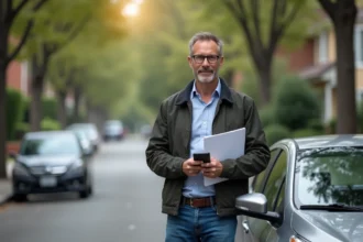 Homme d'âge moyen avec voiture dans un quartier résidentiel