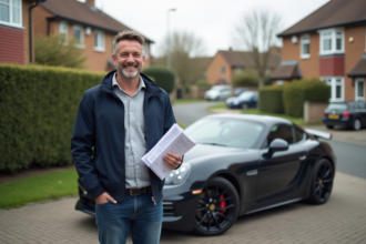 Homme souriant avec documents de voiture devant une voiture