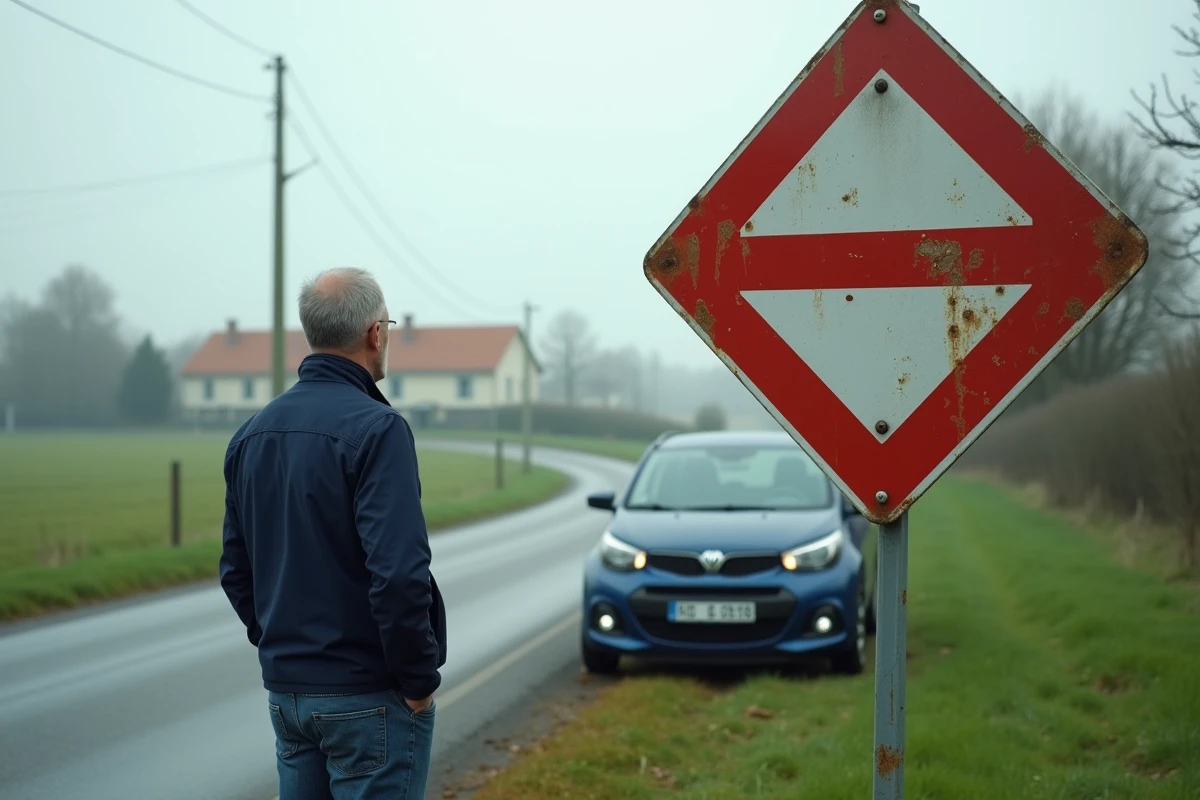 Homme d'âge moyen devant sa voiture rurale et panneau prioritaire