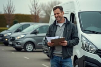 Homme d'âge moyen avec van en parking de supermarché