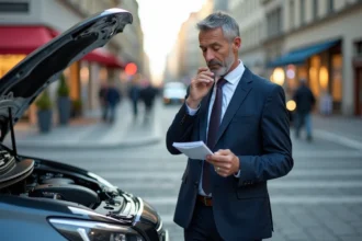 Homme d affaires examinant le moteur d une voiture compacte en ville