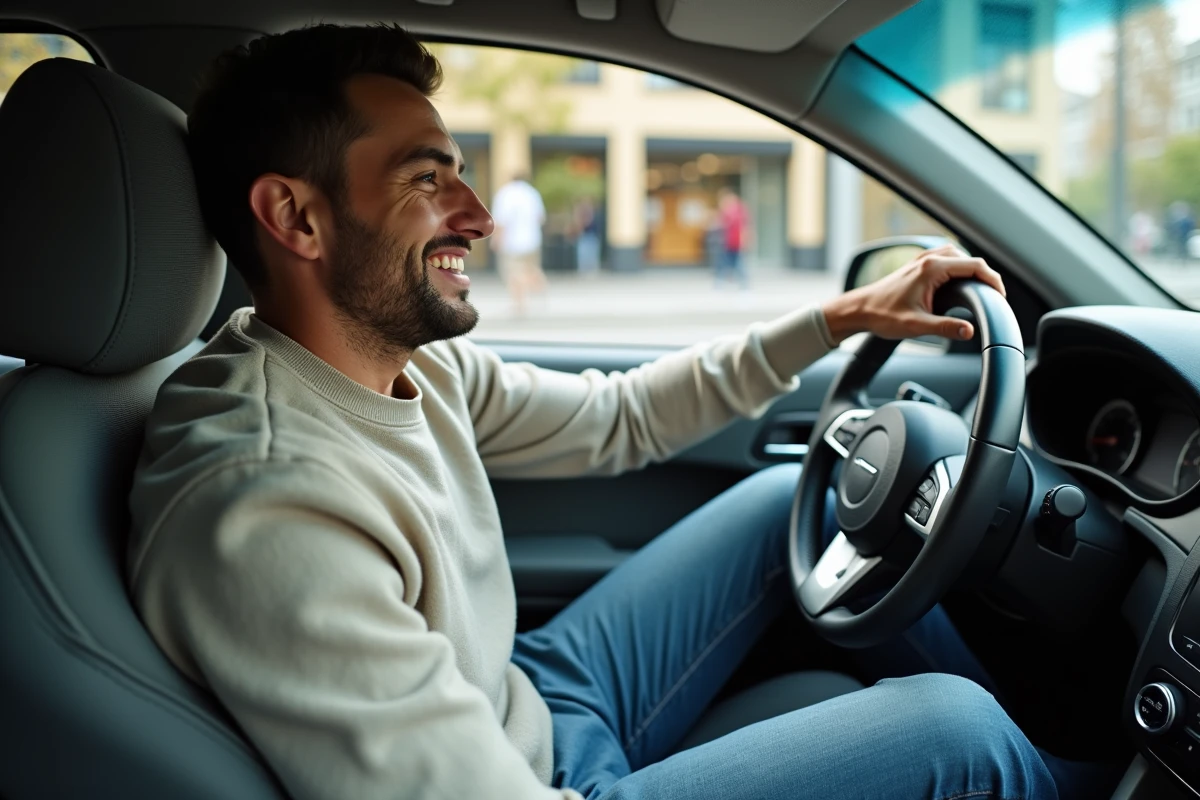 Homme dans une voiture en ville écoute de la musique