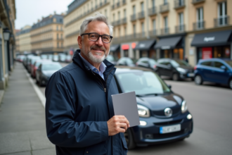 Homme français souriant avec microcar en ville