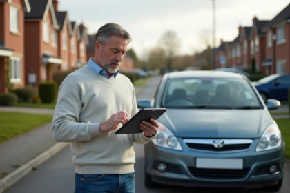 Homme d'âge moyen examinant sa voiture en drive