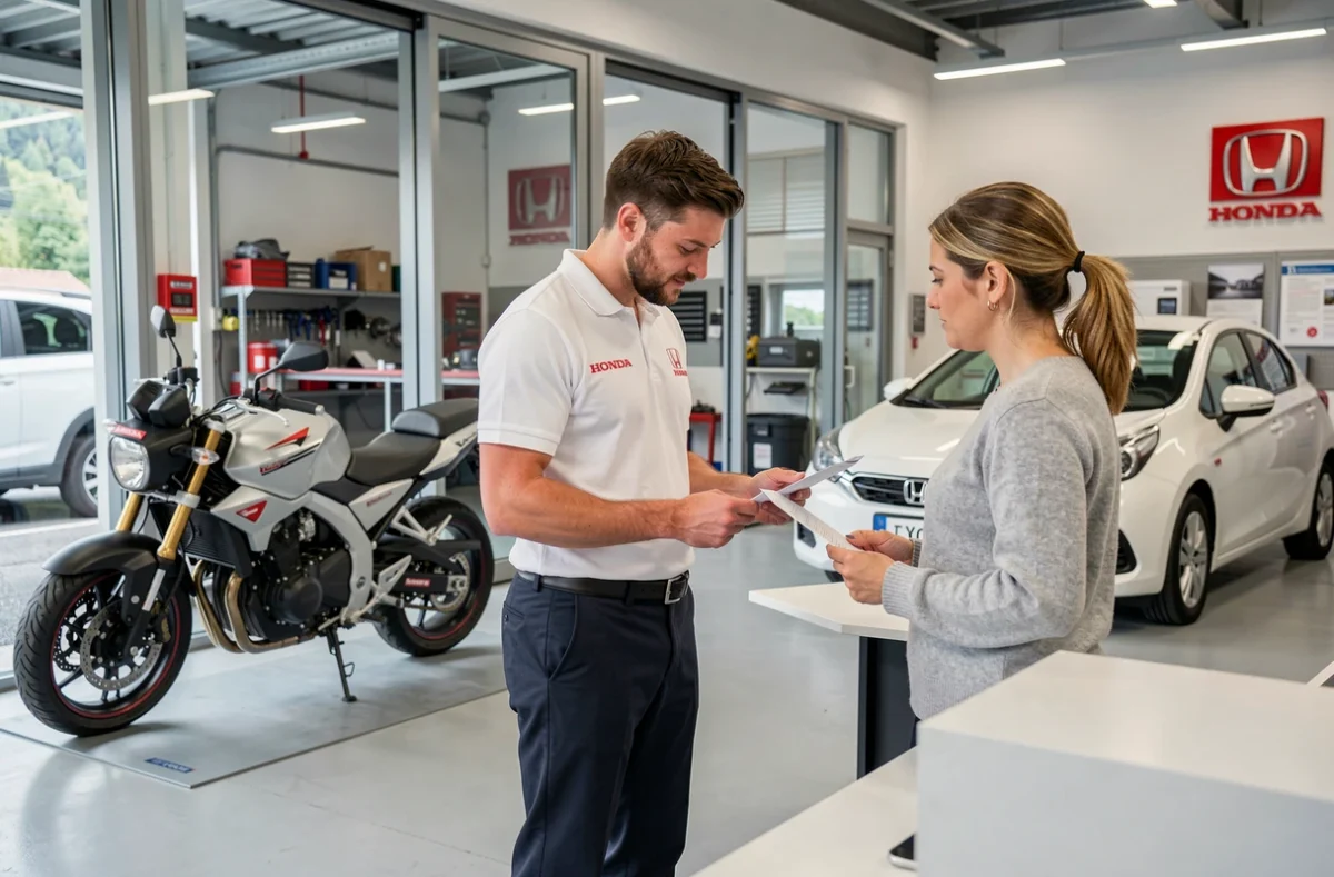 Technicien Honda accueillant une cliente au comptoir de Honda Perissoud à Annecy